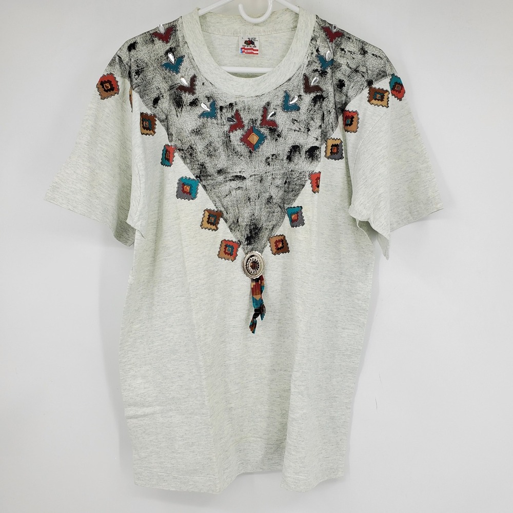 Vintage Fruit Of The Loom USA Turquoise Concho Western Southwest T Shirt Large
